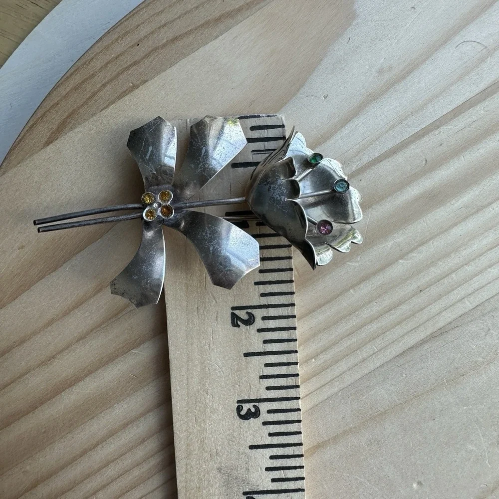 Vintage Artisan Brooch‎ Pin 3.25 Inch Multicolor Crystals Sterling Silver 17.5g